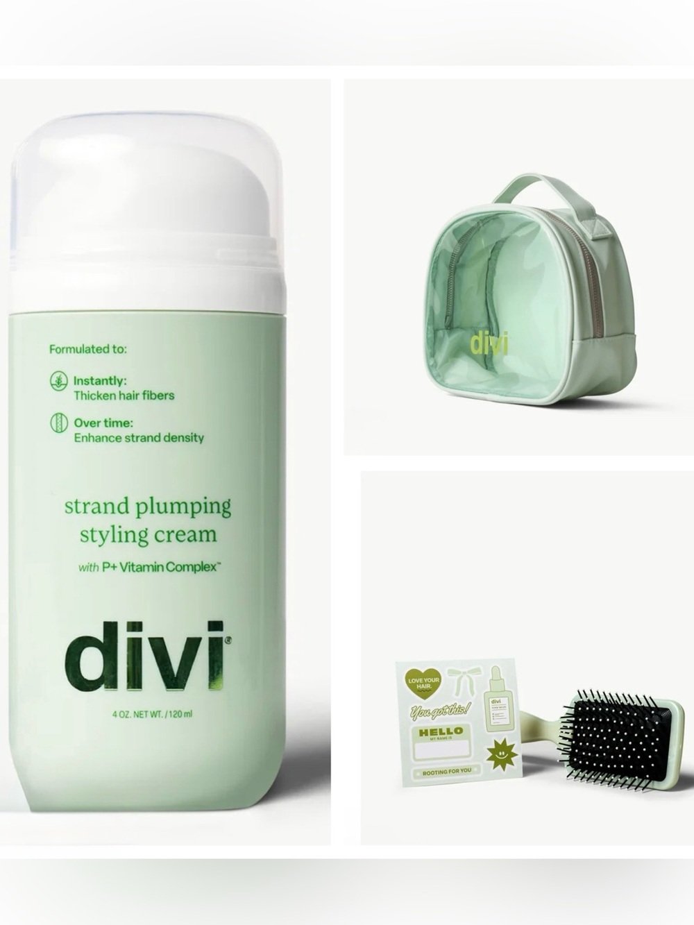 Divi Set - Strand Plumping Styling Cream - Travel Bag - Detangling Brush - 4 oz